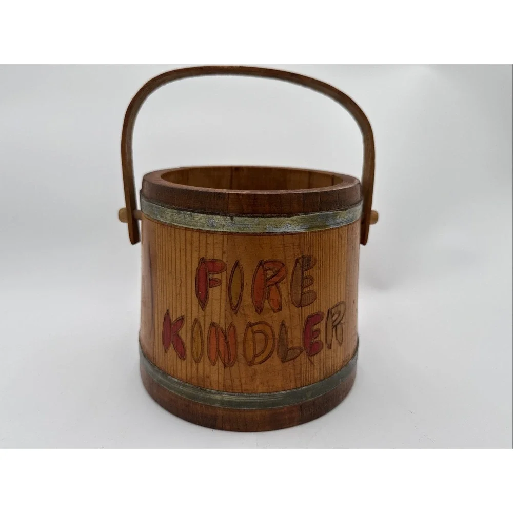 Vintage Handmade Wooden Fire Kindler Bucket Rustic Cabin Fireplace Decor